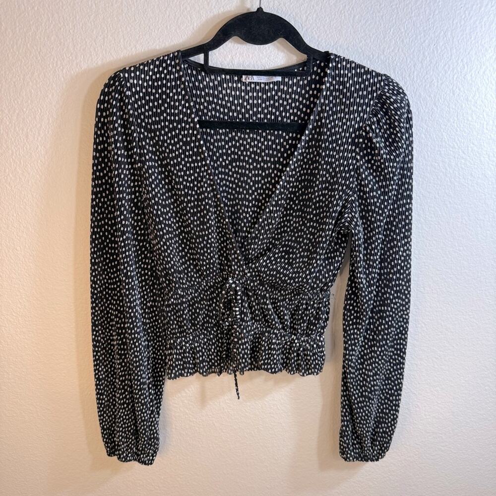 ZARA Black and White Cinched Polka Dot Blouse
